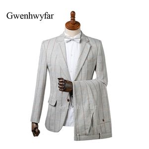 Gwenhwyfar 겨울 새로운 따뜻한 남성복 격자 무늬 헤링본 비즈니스 남자 공식 파티 턱시도 블레이저 바지 결혼식 신랑 201106