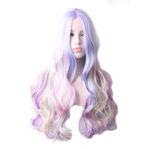 Woodfestival Mixカラー波状のウィッグミッドリュールヘアラインブルー紫のピンクの合成髪のオムレ長い巻き巻きのウィッグの女性黒緑のパーティーのコスプレ