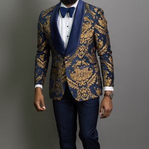 Navy Blue Floral Jacquard Prom Män Passar för Bröllop 3 Piece Slim Fit Groom Tuxedo Afrikansk Man Mode Kostym Jacka Pants 201105