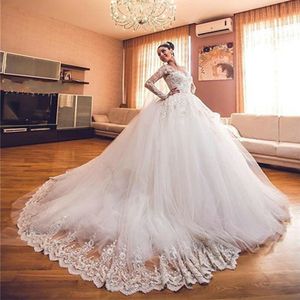 Luxurious Wedding Gowns Corset Bodice Sheer Ball Crystal Pearls Beads Rhinestones Tulle Bridal Dresses Custo