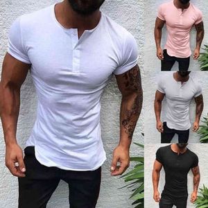 Erkekler Henley Gömlek Yeni Tee Tops Kısa Kollu Şık Slim Fit T-shirt Düğme Yaka Rahat Erkekler Dış Giyim Giyim Adam Y220214