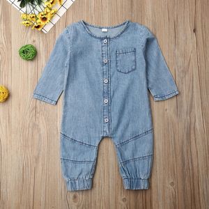Spring Autumn Baby Clothing Long Sleeve Romper Denim Solid Jumpsuit Pocket Outfits Newborn Kids Baby Girl Boy Clothes 201027