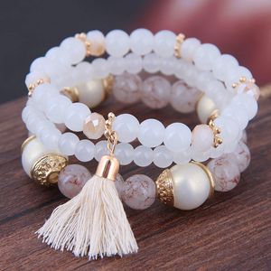 Bohemian 3pcs/ Set Tassel Charm Pendant Beads Bracelets For Women Simulated Pearl Jewelry Womens Bracelet Set Boho GD1225