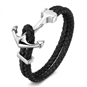 Charme pulseiras homens titânio aço vintage couro genuíno inoxidável âncora braçadeira moda jóias pulseira acessórios1 544