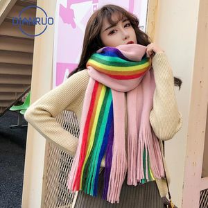 2021 Diangruo Scarf Women's Winter Korean College Style Rainbow Stripe Knitting Scarves Jesień i Kobiety Grube Bib Q386