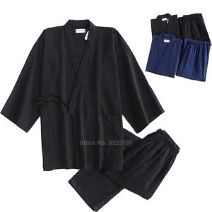 Kimono Pamas Set for Samurai Men Cotton Traditional Japanese Top Trousers Pure Color Casual Breathable Yukata Sleepwear 201109