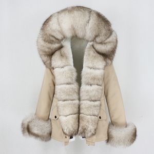 Oftbuy novo impermeável parka curto winter jaqueta mulheres casaco de pele real casaco natural raposa colar de pele capuz quente streetwear destacável 201111