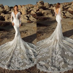 2021 nuovi abiti da sposa scollo a V maniche lunghe applicazioni di pizzo sirena abiti da sposa su misura abito da sposa sexy senza schienale Sweep Train