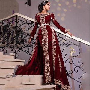 Long Sleeves Velvet Evening Dress 2021 Heavy Beads Appliques Lace Prom Dresses Detachable Skirt African Muslim Party Gowns