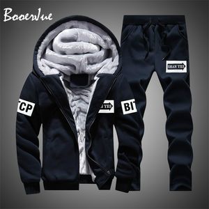 Casual Men Tracksuit Winter Two Pieces Sets Fleece Thick Hooded Zipper Jacket + Pants Warm 2 PCS Sporting Suit Sportswears M-4XL 211222