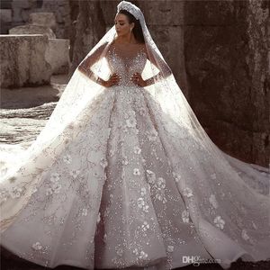 Glamouröse Luxus Dubai Arabische Ballkleider Brautkleider Neue Spitze Lange Ärmel 3D Blumen Perlen Brautkleider Roben de Mariée