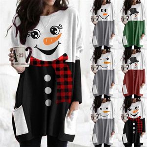 Снеговик с длинными рукавами Симпатичные Pocket Plus Размер Женская Длинная Мода Печати Партия Футболка Рождество 2020 24LH K2