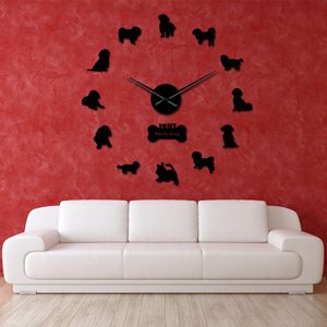 Shih Tzu Dog Oversized DIY Zegar ścienny Ekskluzywny Lustro Efekt Puppy Handmade Laser Cut Wall Watch Samoprzylepny Dekoracja Home LJ201204