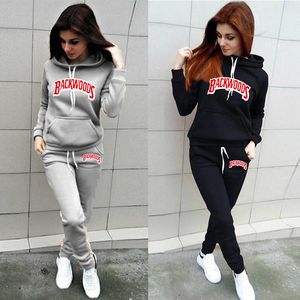 Mulheres Tracksuit Backwoods Letra Hoodies + Calças 2 Piece Out Outono Inverno Casual Sportswear Terno 201120