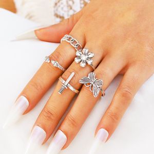 S2672 Fashion Jewelry Knuckle Ring Set Silver Butterfly Flower Chain Mönster Snake Sword Stacking Rings Midi Rings Set 5st/Set