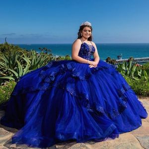 Royal Blue Quinceanera платье Спагетти ремень Бисероплетение Аппликация принцесса Сладкая 15 платье Pageant партия платье сшитая