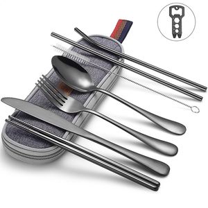 Metal Hasır Kaşık Çatal Chopsticks ve Taşınabilir Kılıf T200430 ile Sunhanny Sofra Seti Seyahat Kamp Çatal Seti Yeniden Gümüş