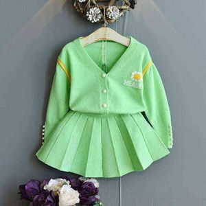 Fall Girls Outfits Letter Flower Broderi Sticka Pearl Sweater Cardiganpleated Skirt Princess Clothes Set Kids Outfits G220310