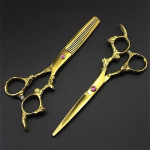 Professionell Japan 440c 6 '' Guld Dragon Hair Scissors Haircut Thinning Barber Highscutting Cutting Shears Frisör 220125