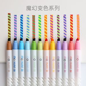 12 pcs/pack Magic Discoloration Double-Headed Highlighters Art Markers Fluorescent Color Pen Fine Liner School Office Stationery 201202