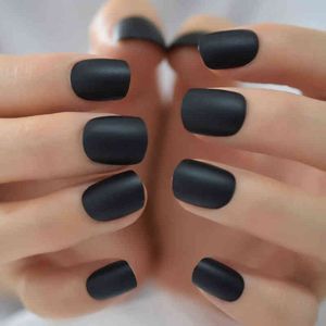 False Nails Короткие ложные прессы на ногтях Полная крышка Искусственные акриловые черные Matte Faux Taux Salon Качество Фальшивый гель 24 шт. 220225