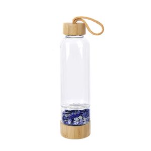 Drop Shipping Natural Crystal Quartz Gravel Gemstone Healing Glass Energy Elixir drink Water Bottle Bamboo glass cup gift 201127