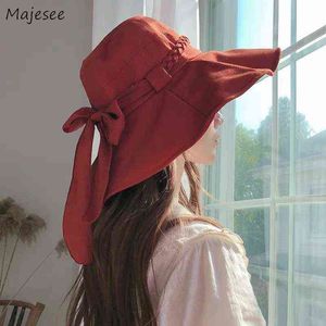 Pamuk Katı Kırmızı Güneş Şapkaları Kadın Geniş-Brim Yay Güneş Gölge Kap Vintage Tasarım Kore Versiyonu Tatlı Güzel Kızlar Seyahat Rahat Chic G220301