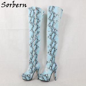 Sorbern ljusblå python stövlar kvinnor osynlig plattform sko högklacket mitten lår boot kvinnliga skor skräddarsydda smala passande ben