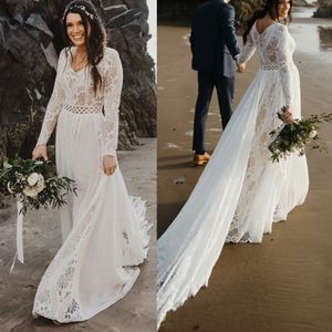 Hippie Boho Beach Wedding Dress Chiffon Seaside Långärmad Elopement Backless Bride Dresses Stor storlek Photoshoot V Neck Lace Bridal Formell Kappor Mariage