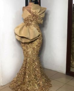 Robe de soiree de mariage Gold Meerjungfrau Abendkleider großen bogen Lange Applizierte Perlen Afrikanischen Abendkleid Arabisch vestidos formales
