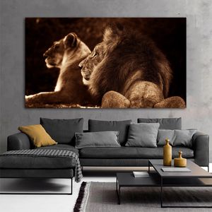 Löwe-Mutter-Sohn-Poster, Tiergemälde, gedruckt auf Leinwand, Wandkunst für Wohnzimmer, Katzenbilder, große Heimdekoration