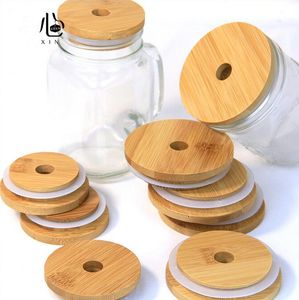 US STOCK Bamboo Cap Lids 70mm 88mm Reusable Wooden Mason Jar Lid with Straw Hole and Silicone Seal FY5015