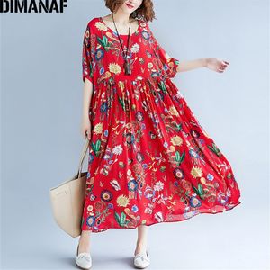 Dimanaf-Frauen-Sommerkleid plus Größen-Druck-Blumen-Femme-Dame Eleganter Vintage Vestidos übergroßen losen Urlaub lange Kleider LJ200818