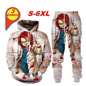 Chucky 2021 Yeni Erkek / Bayan Cadılar Bayramı Terör Kan Çocuk Kapüşonlular RF013 + Komik 3D Moda Eşofmanlar Hip Hop Pantolon yazdır oyna