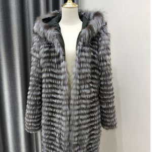 Real Prata Fox Fur Casaco Mulheres Inverno Natural Peles Casaco Feminino Outerwear Com Capuz Overcoats Slim 201103