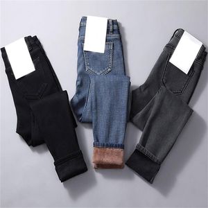 Kvinnor hög midja varma jeans byxor tjock plysch fodrad skinny denim stretchy byxor nin668 201223