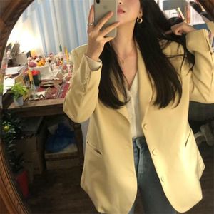 여성 봄 캐주얼 긴 블레이저 자켓 코트 코트 노치 칼라 노란색 chaqueta mujer 포켓 겉옷 느슨한 플러스 사이즈 LJ201021