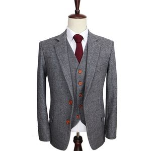 Ull retro grå sillben tweed brittisk stil skräddarsydd mäns kostym skräddare smal passform blazer bröllop kostymer för män 3 stycken 201106