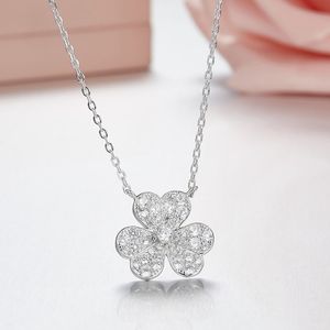 SLJELY Brand Design 925 Sterling Silver Micro Cubic Zirconia Three Leaves Flower Clover Pendant Necklace Women Luxury Jewelry Q0531