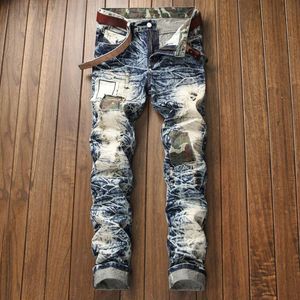 Jeans da uomo di alta qualità, dritti, aderenti, strappati, da uomo, pieghettati, con zapping, patchwork, jeans, motociclista, vintage, jeans