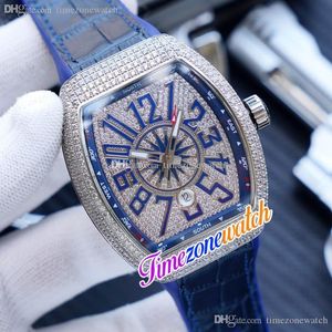 新しいV45 SC DT日付A2813自動メンズウォッチスチールダイヤモンドケースブルーナンバーダイヤモンドダイヤルレザーゴム腕時計TimeZoneWatch TWFM E193A1