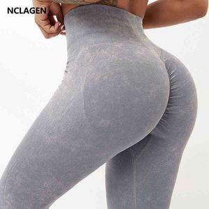 NClagen Leggings Seamless Mulheres Fitness Yoga Calças Alto Cintura Prova Prova Elástica Bunda Elástica Gym Capri Booty Scrunch Scrunch Tights H1221