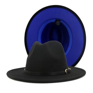 2020 Fashion Women Men Patchwork Artificial Wool Felt Fedora Hats with Belt Buckle Double-Sided Color Flat Brim Jazz Panama Cap