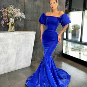 Royal Blue Velvet Mermaid Prom Dresses Off Ramię Z Krótkim Rękawem Wieczór Party Suknie Custom Made Formal Wear Dress