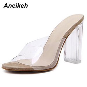 Aneikeh 새로운 여성 샌들 PVC 크리스탈 뒤꿈치 투명 여성 섹시한 높음 힐 여름 샌들 신발 사이즈 41 (42) 201021 펌프