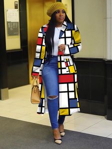여자 트렌치 코트 탑 우아한 이중 가슴 라벨 패션 격자 무늬 인쇄 긴 슬리브 가을 겨울 윈드 브레이커 코트