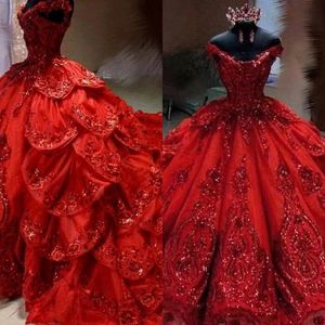 2022 Lyxig Sexig Mörk Röd Bling Quinceanera Ball Klänning Klänningar Av Skulder Sequined Lace Appliques Ruffles Crystal Open Back Long Sweet 16 Party Prom Evening Gowns