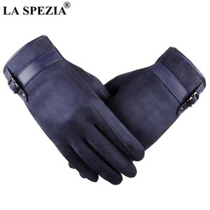 La Spezia Mens Suede Handskar Touch Screen Male Navy Blue Velvet Handskar Termisk Solid Patchwork Läder Höst Vinter Vantens Män 201020