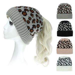 Beanie/Skull Caps vinter stickning hattar för kvinnor mode leopard stretch stickad virkning mössa mössa håligt varm kvinnlig grå1