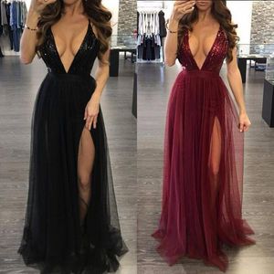 Kvinnors Deep V Neck Ärmlös Elegant Formell Prom Lång Maxi Cocktail Party Ball Gown Bandage Blackless Dress Red Black XL1